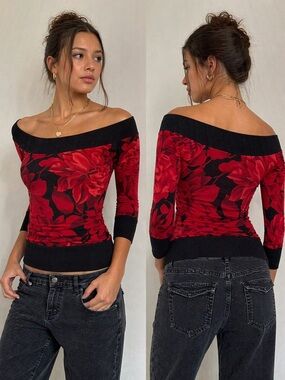 Cache Y2K Red Black Floral Off Shoulder Top XS Ribbed Trim Stretch Blouse